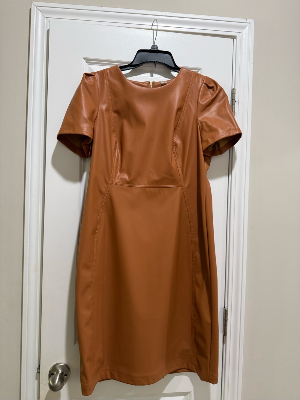 Calvin Klein Faux Leather Midi Dress in Cognac Brown